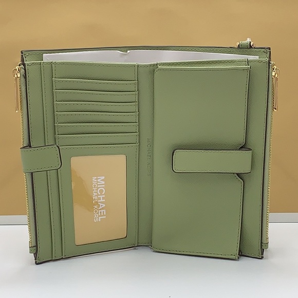 MICHAEL KORS LARGE DOUBLE ZIP WRISTLET WALLET LIGHT SAGE COLOR - Picture 9 of 14